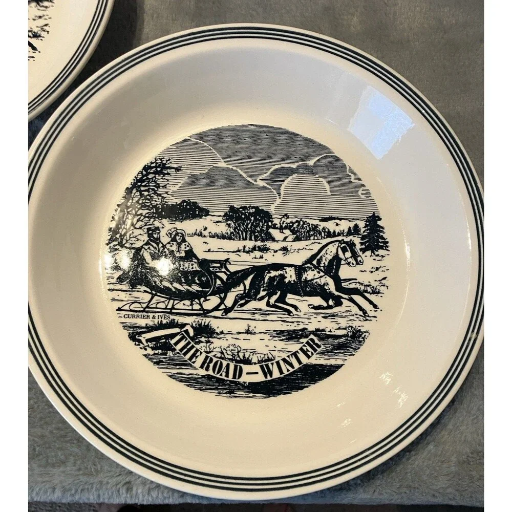 3 Vtg Currier & Ives The Road-Winter Pie Plate 10